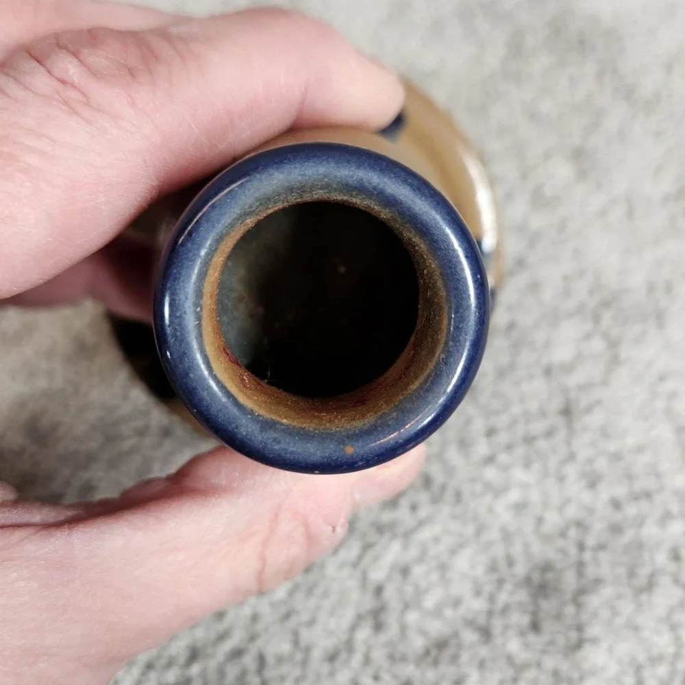 Pottery‎ Candlestick Holder Tan Blue Floral Salt Glaze Primitive